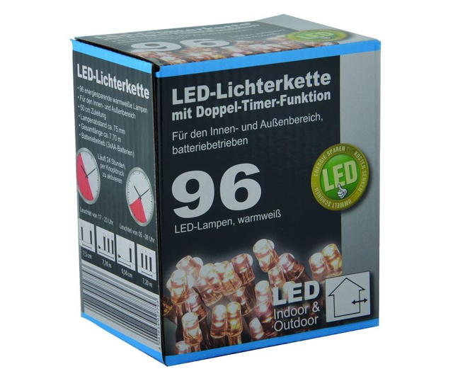 LED lumini de Craciun TopCent, 96 buc, cu baterii, 9 functii, 7,70m