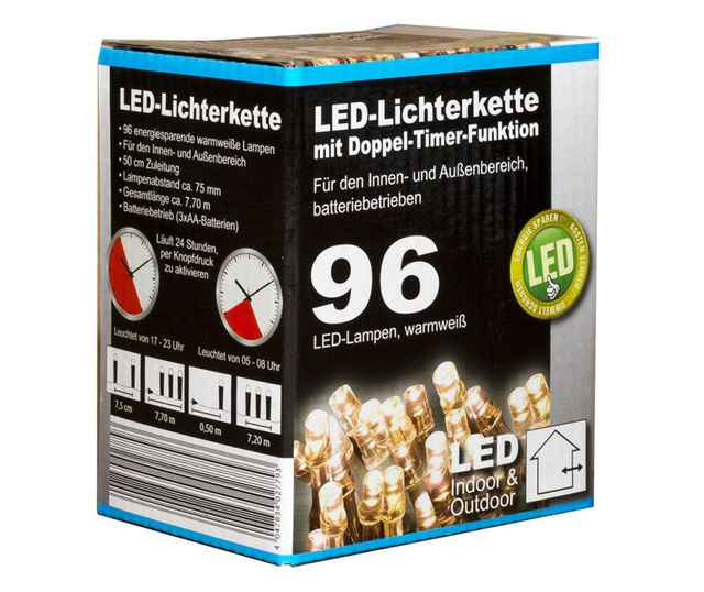 LED lumini de Craciun TopCent, 96 buc, cu baterii, 9 functii, 7,70m