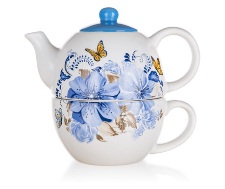 Set ceainic si ceasca Banquet, Blue Flower, ceramica, multicolor, 18x11x15 cm