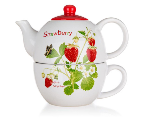 Set ceainic si ceasca Banquet, Strawberry, ceramica, multicolor, 18x11x15 cm