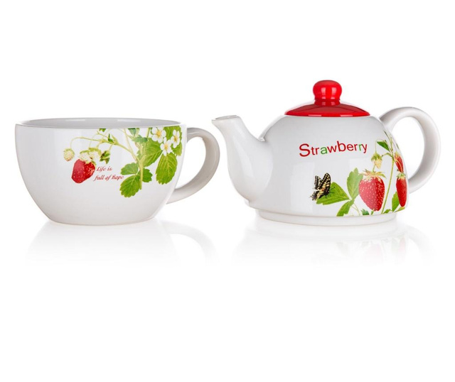 Set ceainic si ceasca Banquet, Strawberry, ceramica, multicolor, 18x11x15 cm
