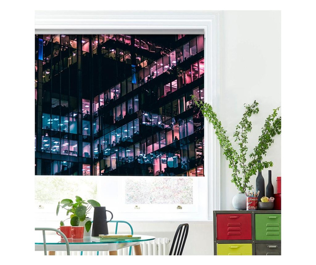 Roleta Art Shade tip Jaluzea cu Rulou si Sistem Inclus Urban, Cladire cu geamuri luminate, Decoratiuni Casa, Latime 95 cm x Inal