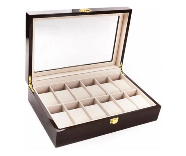 Дървена кутия за съхранение и организация 12 часовника, модел Pufo Premium, тъмно кафяв