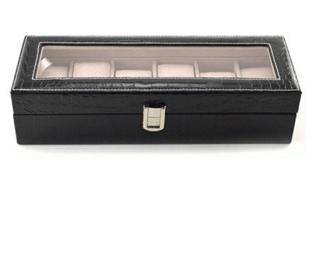 Cutie caseta eleganta depozitare cu compartimente pentru 6 ceasuri, imprimeu crocodil, negru