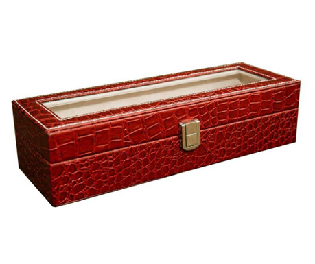 Cutie caseta eleganta depozitare cu compartimente pentru 6 ceasuri, imprimeu crocodil, rosu