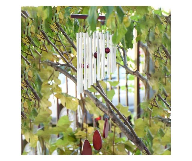 Clopotel de vant cu 12 tuburi sonore metalice argintii pentru casa sau gradina, model Feng-Shui
