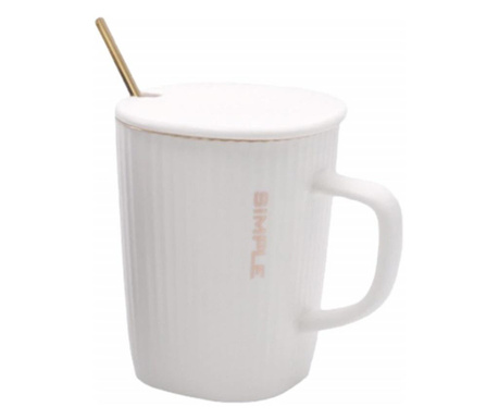 Чаша с керамичен капак и Pufo Simple чаена лъжичка за кафе или чай, 320 мл, бяла