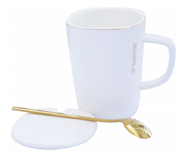 Чаша с керамичен капак и Pufo Simple чаена лъжичка за кафе или чай, 320 мл, бяла