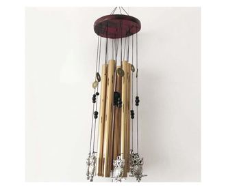 Clopotel de vant cu 6 tuburi sonore metalice aurii pentru casa sau gradina, model Feng-Shui cu bufnite si monede