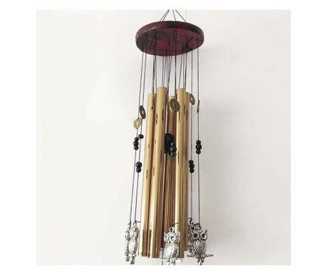 Clopotel de vant cu 6 tuburi sonore metalice aurii pentru casa sau gradina, model Feng-Shui cu 6 bufnite si monede