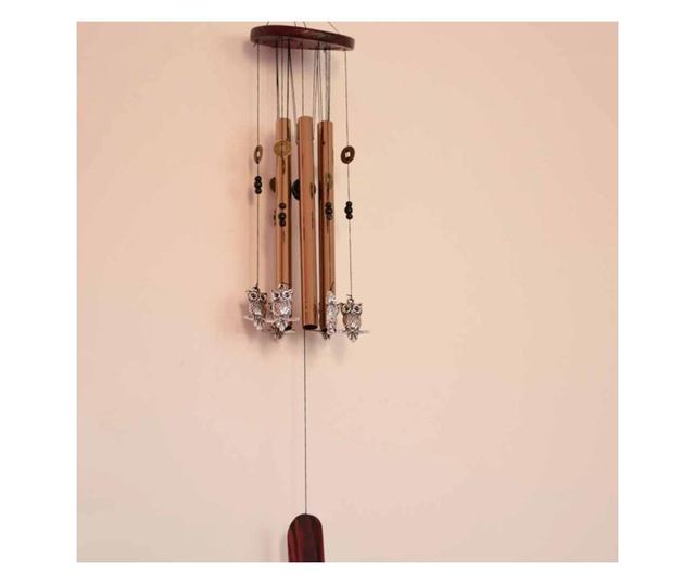 Clopotel de vant cu 6 tuburi sonore metalice aurii pentru casa sau gradina, model Feng-Shui cu bufnite si monede