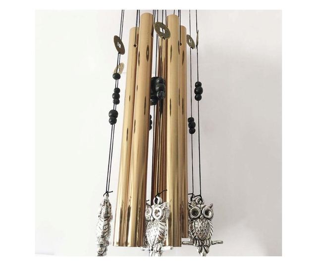 Clopotel de vant cu 6 tuburi sonore metalice aurii pentru casa sau gradina, model Feng-Shui cu bufnite si monede
