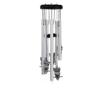 Clopotel de vant cu 5 tuburi sonore metalice pentru casa sau gradina, model Feng-Shui cu 6 bufnite, Pufo