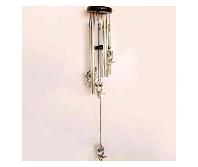 Clopotel de vant cu 5 tuburi sonore metalice pentru casa sau gradina, model Feng-Shui cu 6 bufnite, Pufo