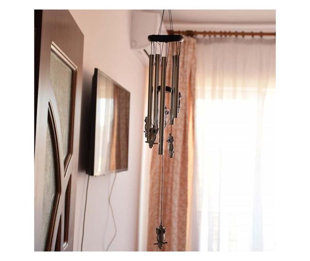 Clopotel de vant cu 5 tuburi sonore metalice pentru casa sau gradina, model Feng-Shui cu 6 bufnite, Pufo
