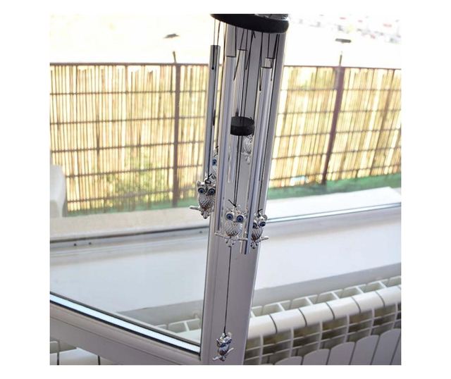 Clopotel de vant cu 5 tuburi sonore metalice pentru casa sau gradina, model Feng-Shui cu 6 bufnite, Pufo