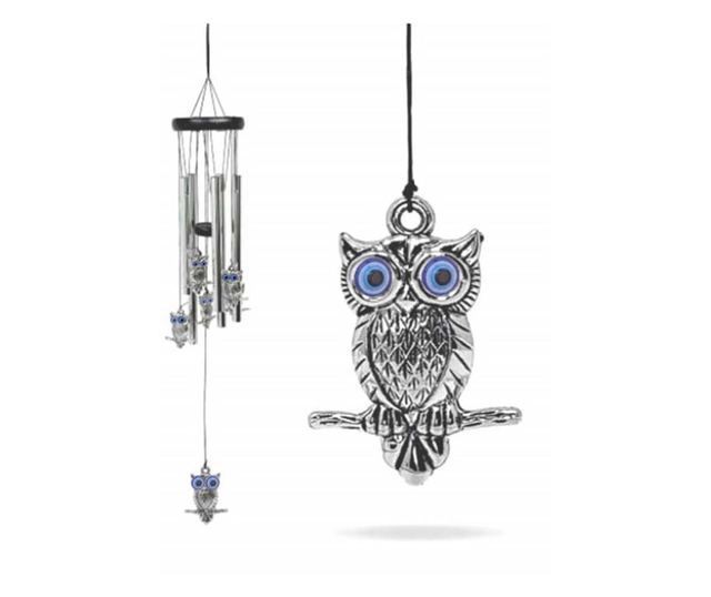 Clopotel de vant cu 5 tuburi sonore metalice pentru casa sau gradina, model Feng-Shui cu 6 bufnite, Pufo