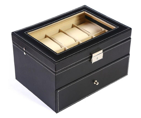 Cutie caseta eleganta depozitare cu sertar si compartimente pentru 20 Ceasuri, negru