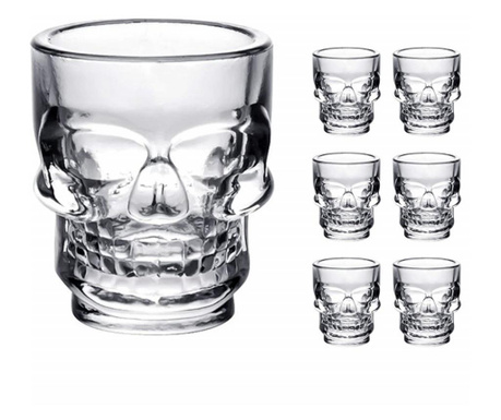 Set 6 pahare din sticla pentru shoturi, forma de craniu, 50 ml, Pufo