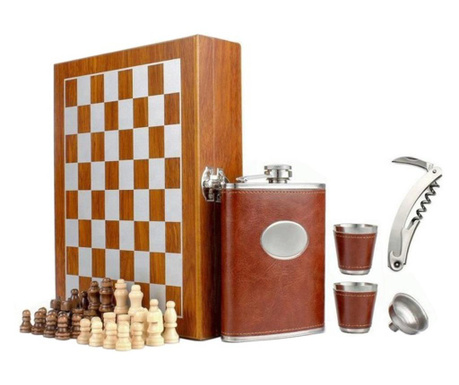 Дървена кутия с комплект от 2 чаши, чаша, тирбушон и игра на шах, Pufo
