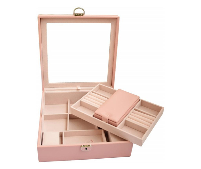 Елегантна кутия Pufo Glamour с огледало за съхранение и организация на бижута, розова