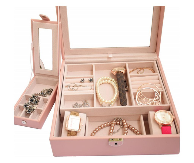 Cutie eleganta Pufo Glamour cu oglinda pentru organizare bijuterii, roz -