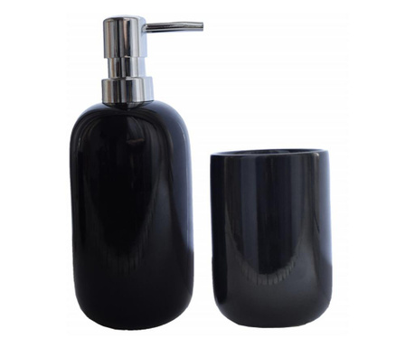 Комплект дозатор Pufo Exclusive за течен сапун и държач за четки за зъби, 2 броя, керамичен, черен