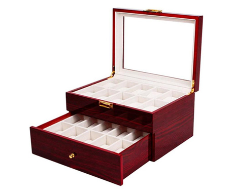 Cutie caseta din lemn pentru depozitare si organizare 20 ceasuri, model Pufo Premium etajat cu sertar