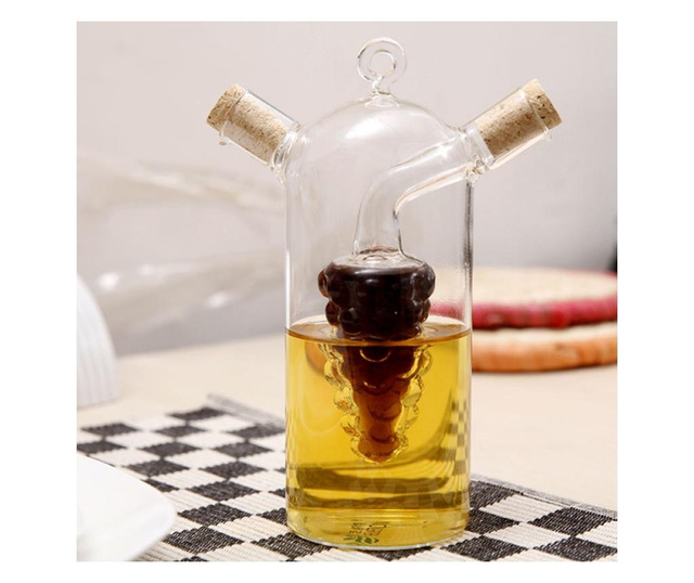 Recipient oliviera din sticla 2 in 1 Pufo pentru lichide, ulei, otet, 360 ml, forma strugure, transparent
