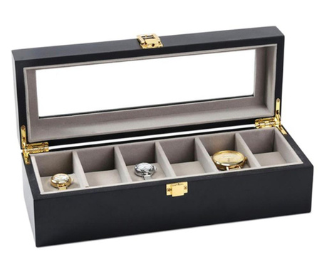 Дървена кутия за съхранение и организация 6 часовника, модел Pufo Premium, черен