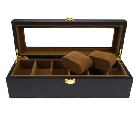 Дървена кутия за съхранение и организация 6 часовника, модел Pufo Imperial, матово черно
