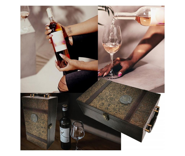 Cutie eleganta cu 2 compartimente pentru sticle de vin, model Pufo Luxury cu maner si 4 accesorii incluse, maro