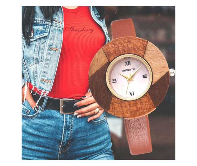 Елегантен дамски часовник Rebirth, дървен циферблат, специален модел, тъмно кафяв