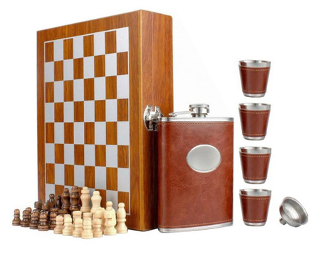 Комплект от 4 броя: Дървена кутия с 4 чаши, бутилка уиски и шах,...