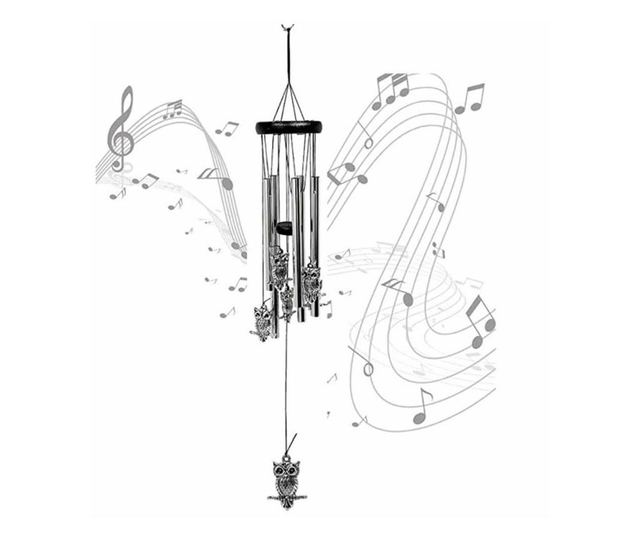 Clopotel de vant cu 5 tuburi sonore metalice pentru casa sau gradina, model clasic cu bufnite