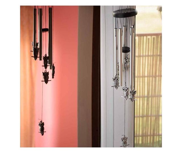Clopotel de vant cu 5 tuburi sonore metalice pentru casa sau gradina, model clasic cu bufnite
