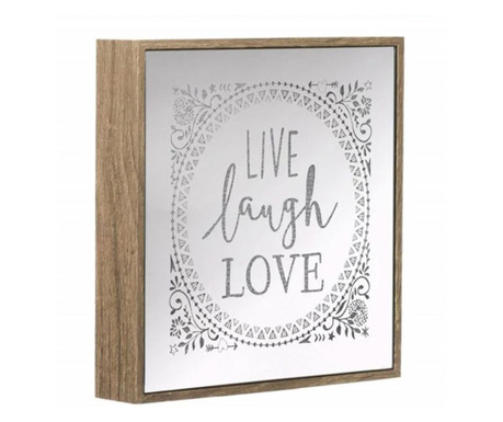 Decoratiune Pufo din lemn si oglinda cu 30 leduri, model Live Laugh Love, 21 x 21 cm