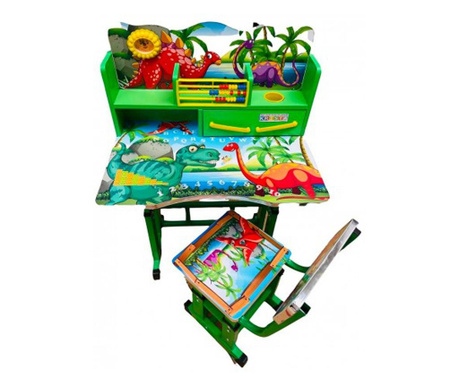 Birou mare cu scaun pentru copii, reglabile, cadru metalic si lemn, verde, Dinozauri B14 - Krista