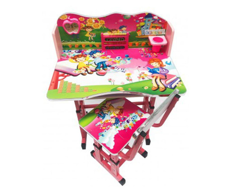 Birou cu scaun pentru copii, reglabile, cadru metalic si lemn, roz, Story B4 - Krista
