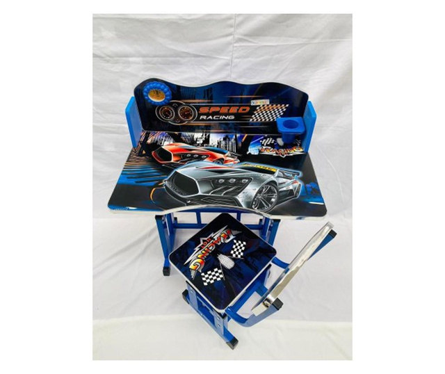 Birou cu scaun pentru copii, reglabile, cadru metalic si lemn, albastru, Racing Car B1 - Krista