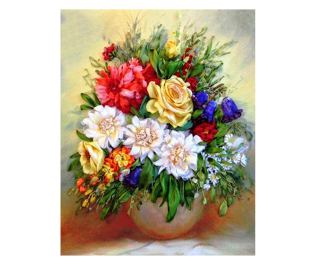 Tablou cu rama de lemn GM062, Vaza cu Trandafiri multicolori, Pictura cu Diamante, Goblen cu pietre 5D, 40 x 50 cm