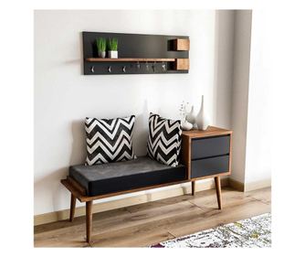 Mobilier hol athop: cuier 80x30 cm, bancheta tapitata cu 2 sertare 120x45x74.5 cm,nuc/antracit,pal melaminat 18 mm