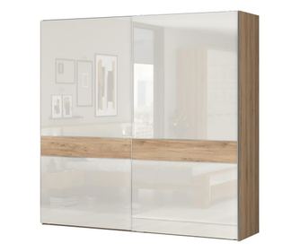 Tolóajtós magasfényű gardróbszekrény, 230x224 cm, törtfehér-diófa - ALIZE