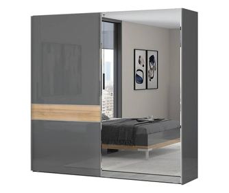 Tolóajtós magasfényű gardróbszekrény, 230x224 cm, tükörrel, antracit-tölgy - BISE