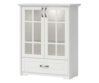 Kétajtós vitrines komód, LED világítással, üveg polccal és fiókkal, fehér - PERCE NEIGE