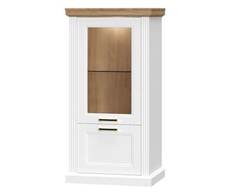 Kétajtós vitrines szekrény, üveg polccal és LED világítással, fehér-diófa - ALABAMA