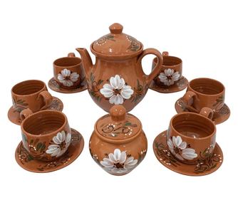 Serviciu cu 6 cesti si farfurii din ceramica de Arges realizat manual, Argcoms, Cafea, Pictura florala