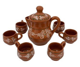 Serviciu cu 6 cesti din ceramica de Arges realizat manual, Argcoms, Tuica, Pictura traditionala