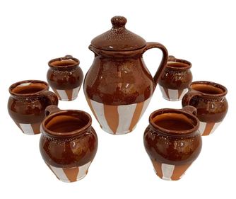 Ibric cu 6 cani din ceramica de Arges realizate manual, Argcoms, Vin fiert, Pictura traditionala 13x11x20 cm