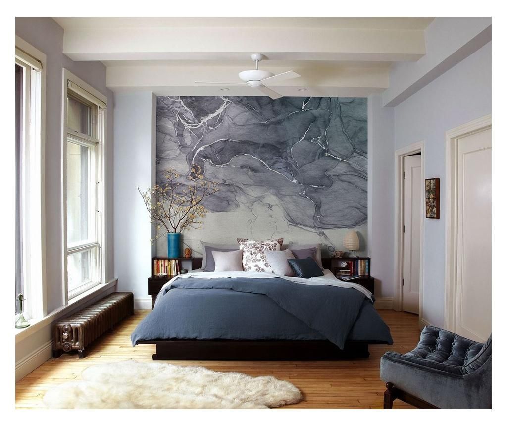 Fluid art hatású tapéta, fehér részletekkel, 300x280 cm, kék-lila - VOLUTES